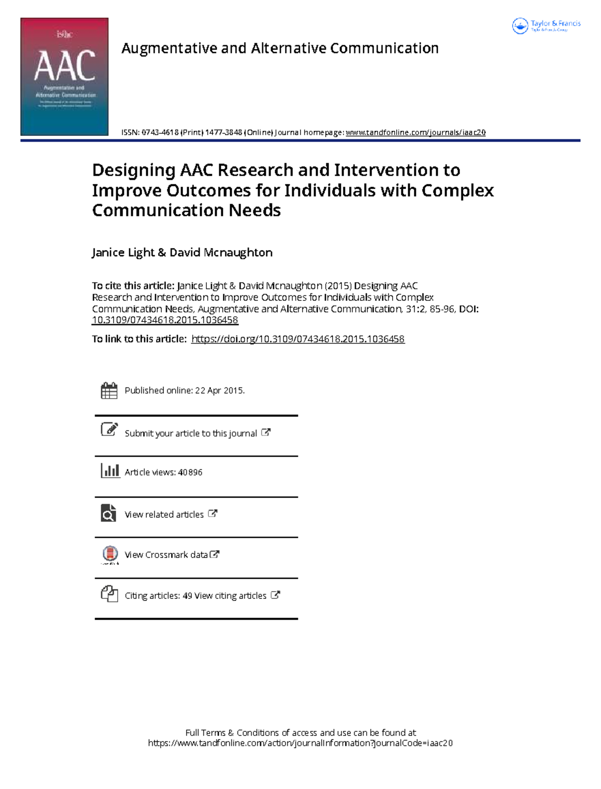 Designing AAC Research & Interventions for Complex Communication Needs ...