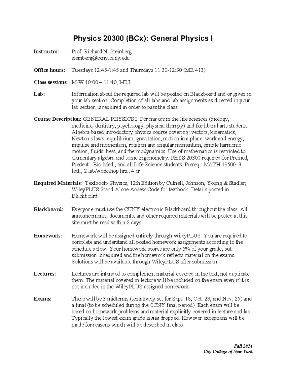 Physics 20300 (BCx) - General Physics I Syllabus - Fall 2024 - Studocu