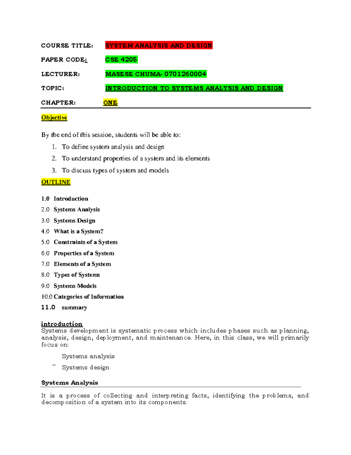 Chapter one - structure analysis notes - COURSE TITLE: SYSTEM ANALYSIS ...