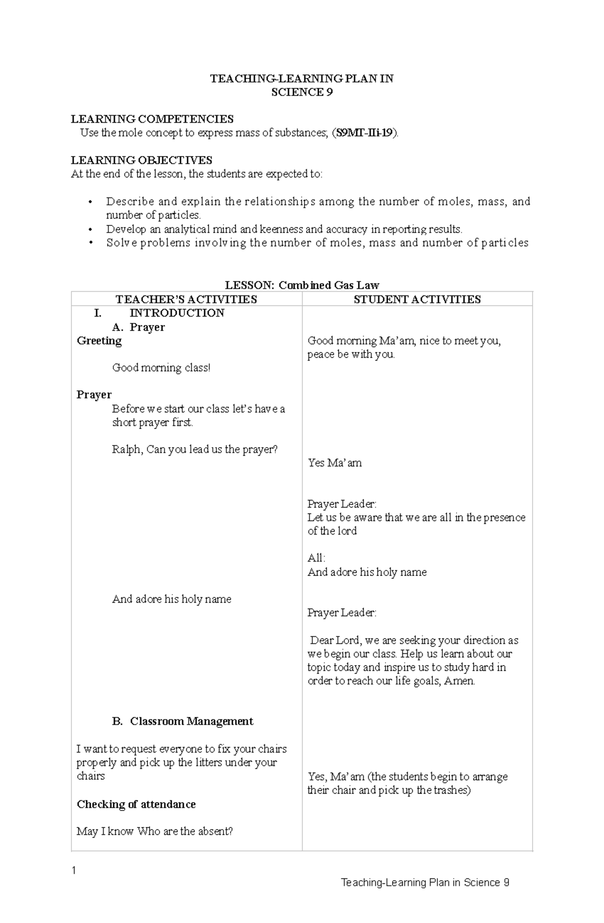 Science 9 Field Study Lesson Plan: Mole Concept & Gas Law - Studocu