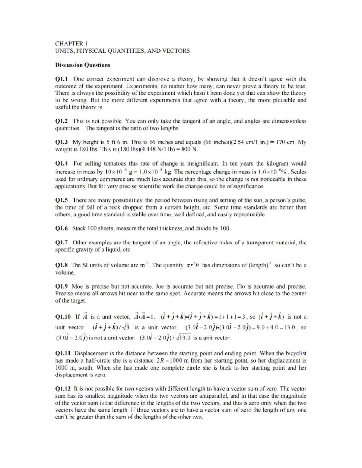 PHYS 101 CHAPTER 1: UNITS, PHYSICAL QUANTITIES, & VECTORS Discussion Qs ...