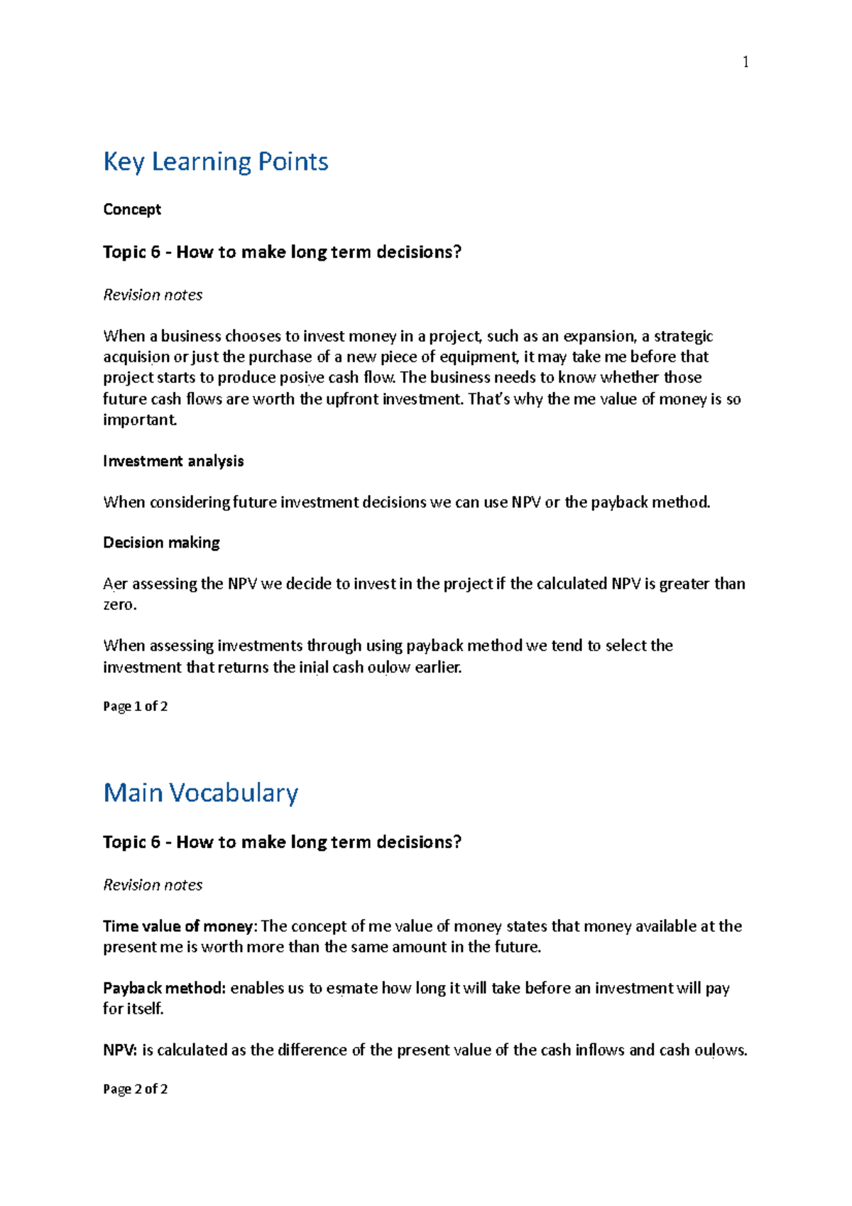 Notes-3 - Topic 6 ‐ How to make long term decisions? - 1 Key Learning ...
