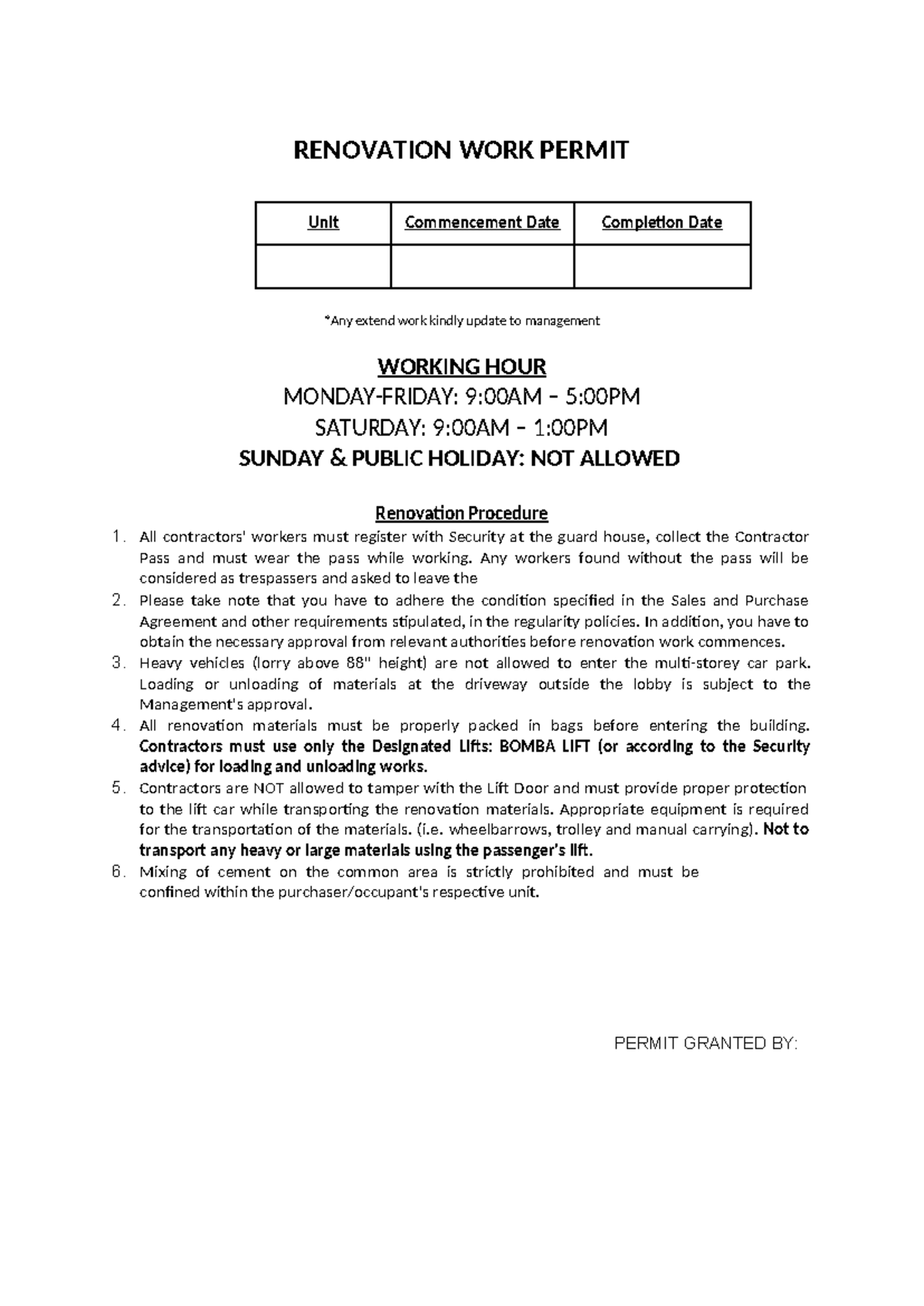 Renovation WORK PERMIT - RENOVATION WORK PERMIT Unit Commencement Date ...