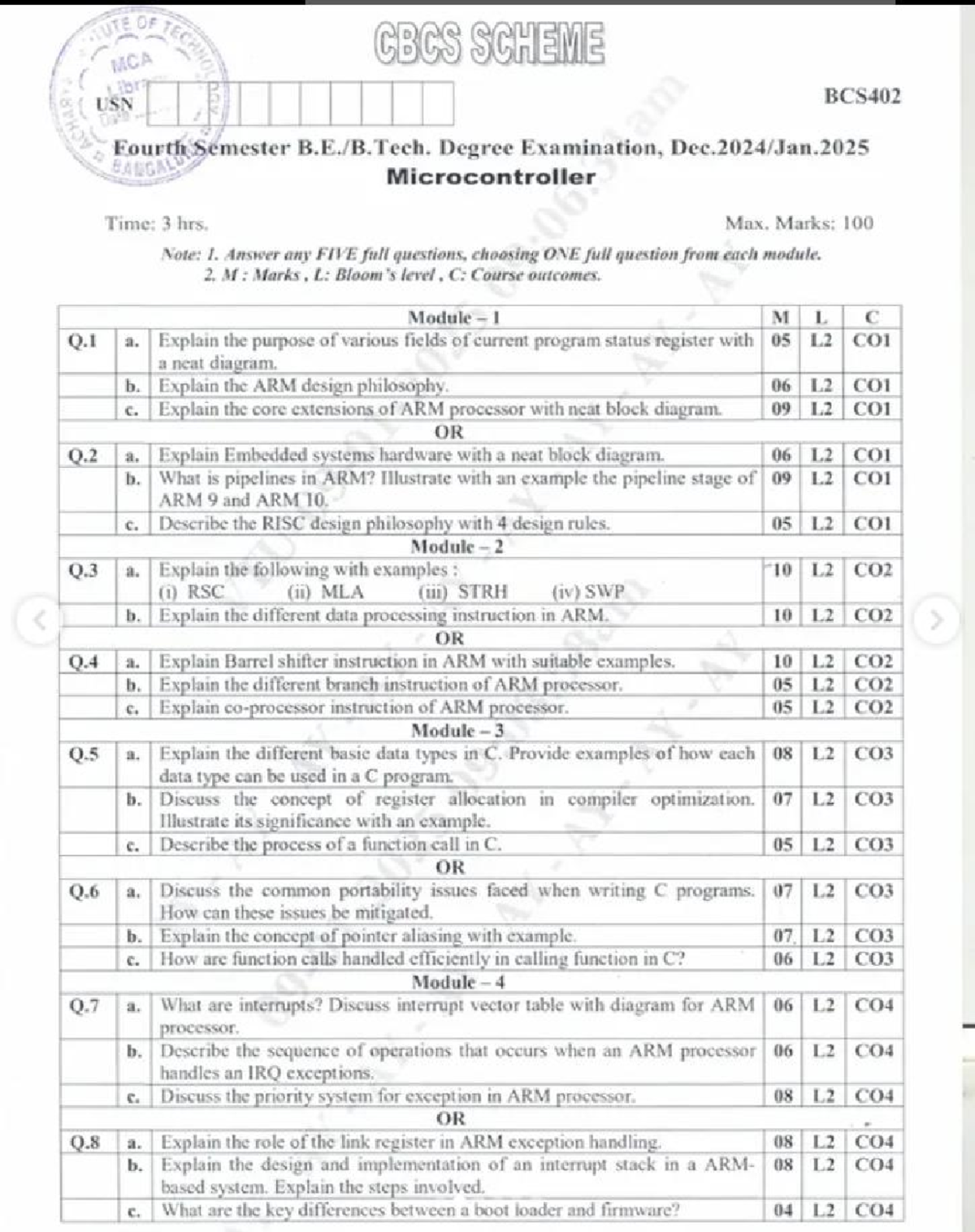 MCA BCS402 Fourth Sem Microcontroller Exam Previous Year Questions ...