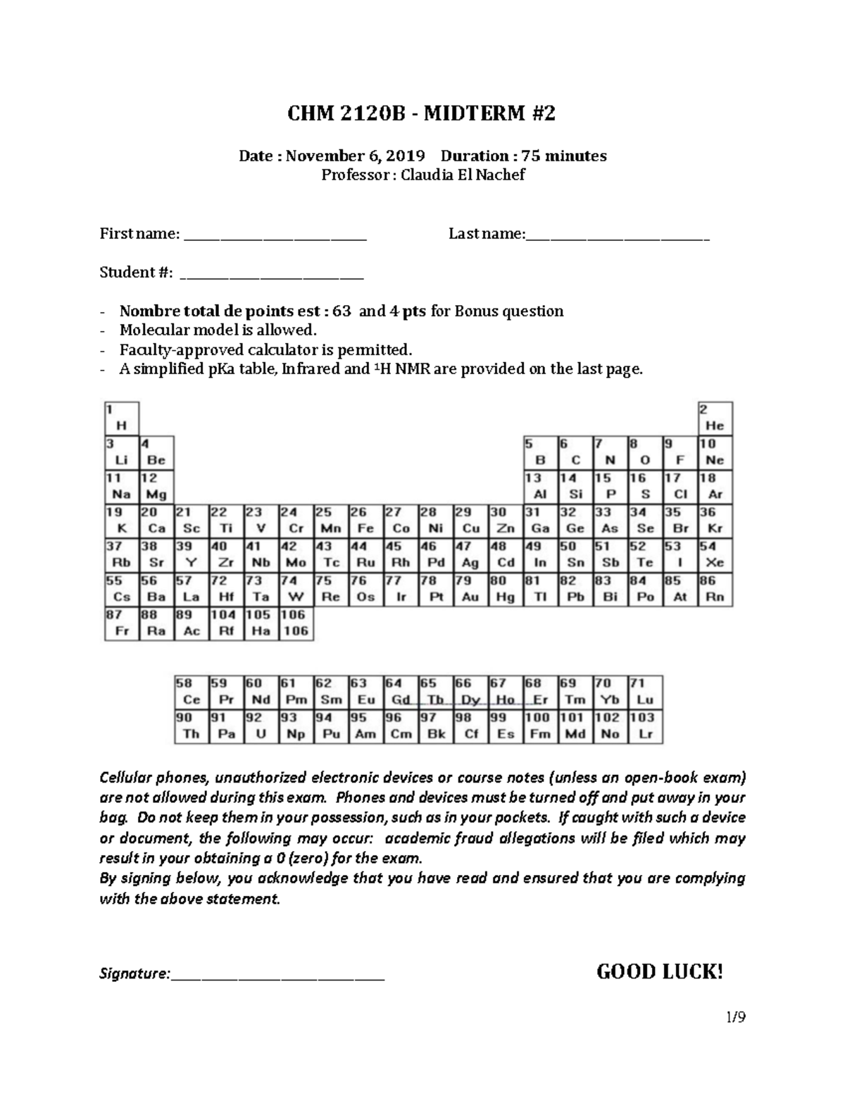 2019 F-Midterm 2 - Midterm 2 sample exam for Claudia el nachef - CHM ...