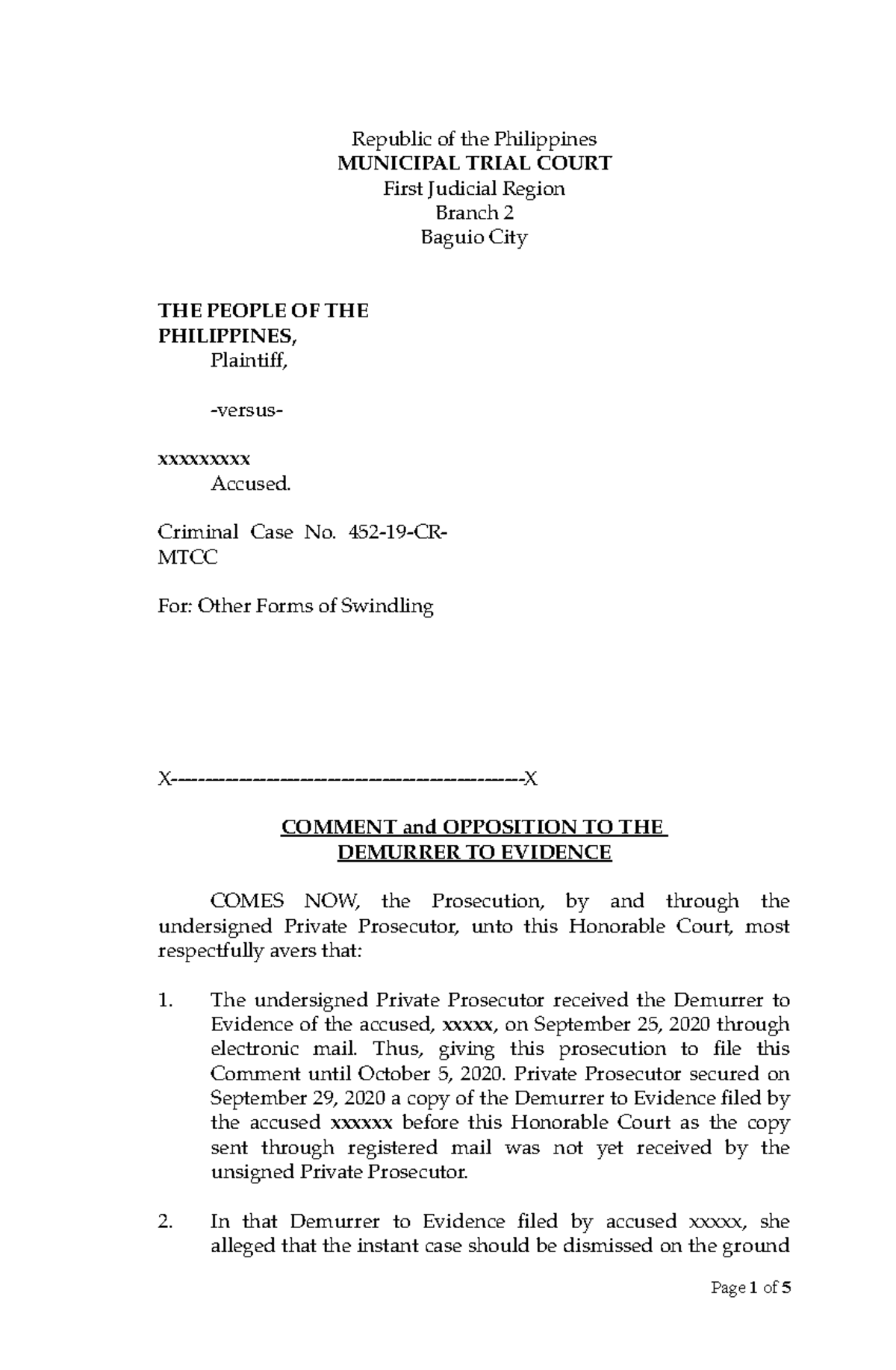 Comment and Opposition to Demurrer - Criminal Case No. 452-19-CR- - Studocu