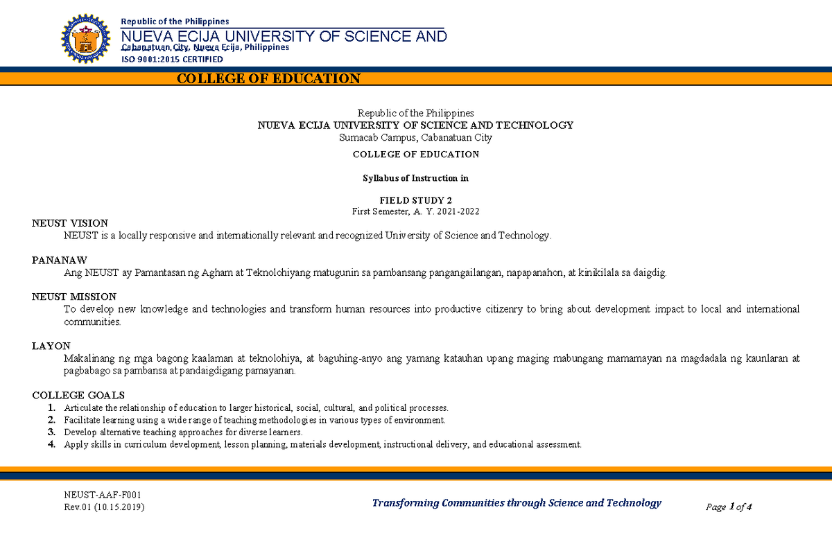 Syllabus PROFED 12: FIELD STUDY 2 Overview and Course Objectives - Studocu