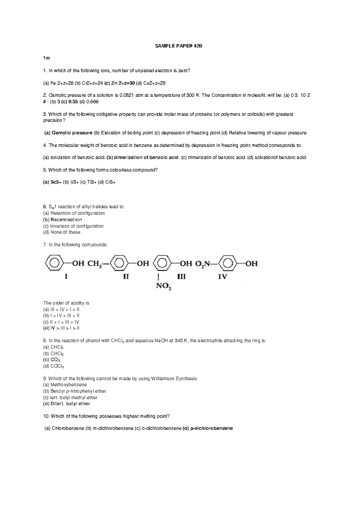 Sample Paper 420: Chemical Concepts & Reactions Review Questions - Studocu