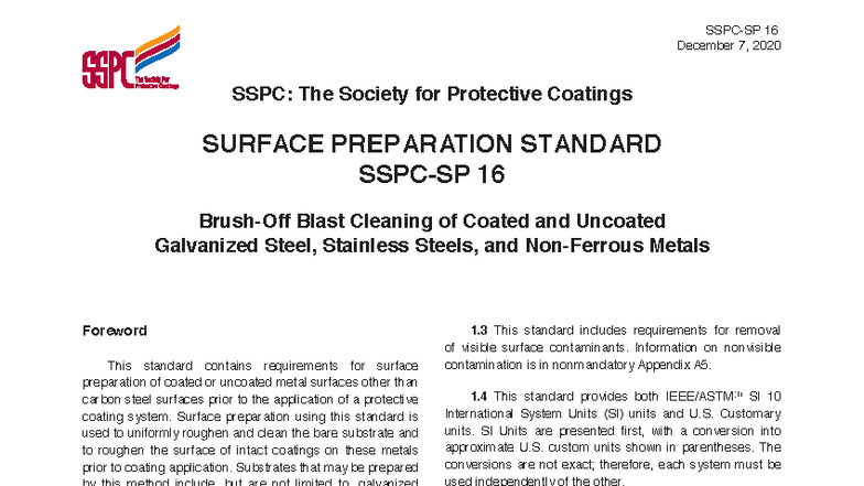 SSPC SP16: Estándar de Preparación de Superficies para Metales - Document Preview