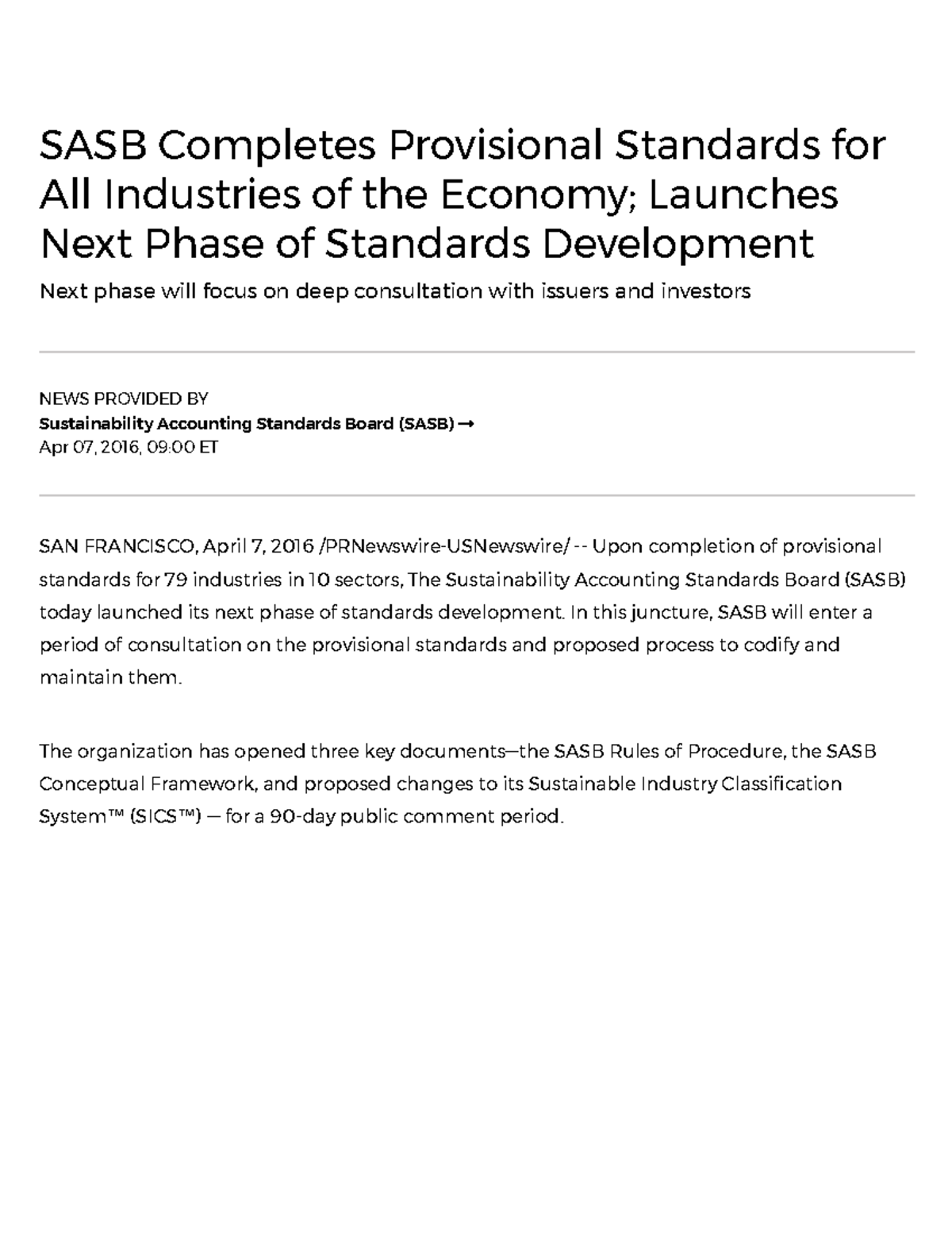 SASB Provisional Standards Completed for 79 Industries: Next Phase ...