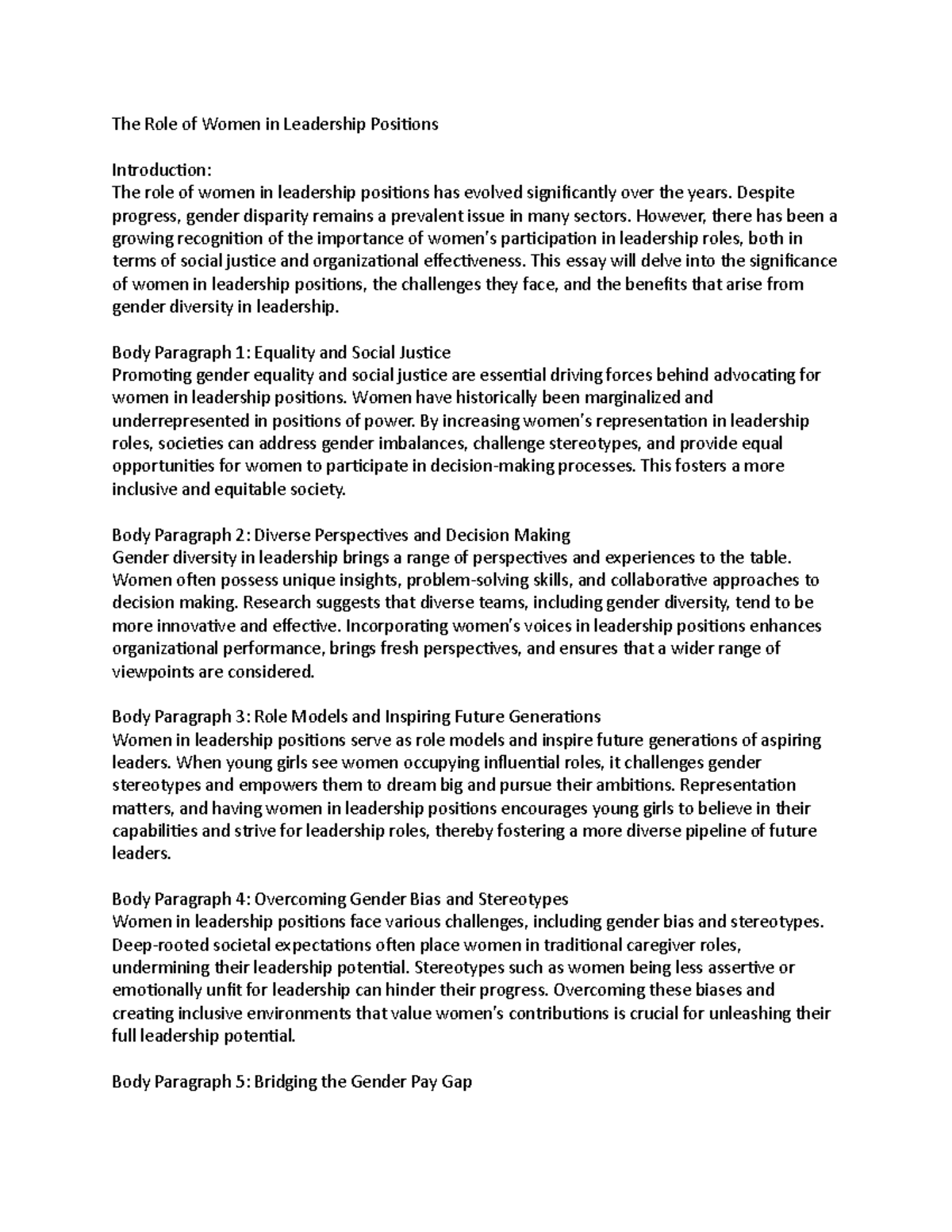 The Role of Women in Leadership Positions - The Role of Women in ...