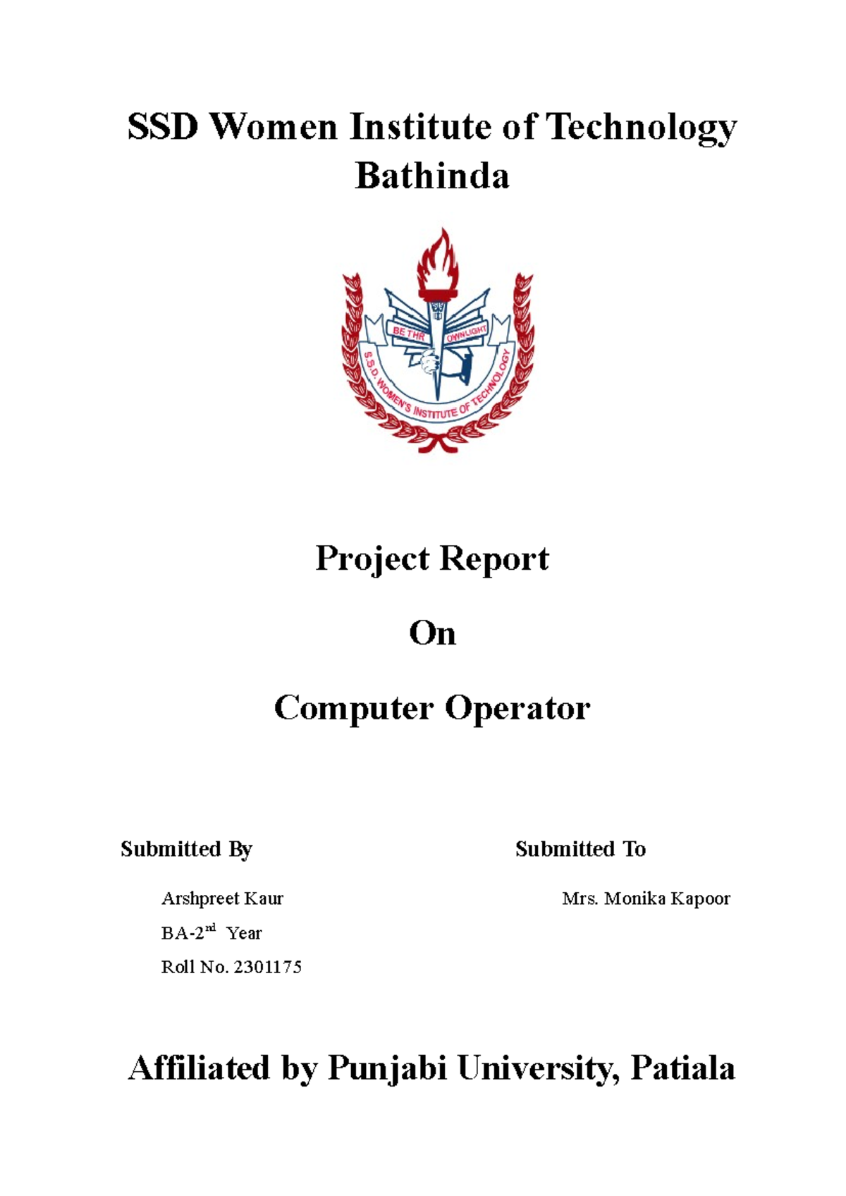 BA-2nd Year Project Report on Computer Operator Internship - Studocu