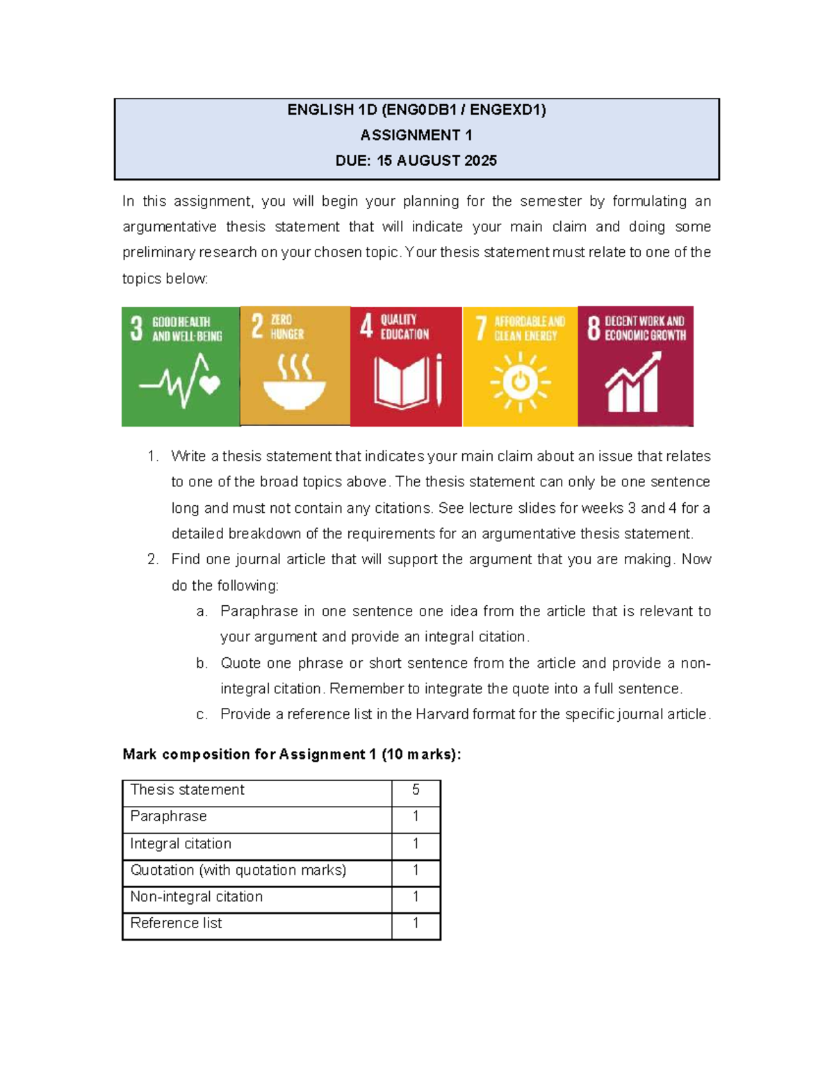 English 1D (ENG0DB1 ENGEXD1) Assignment 1: Thesis Planning Guide - Studocu
