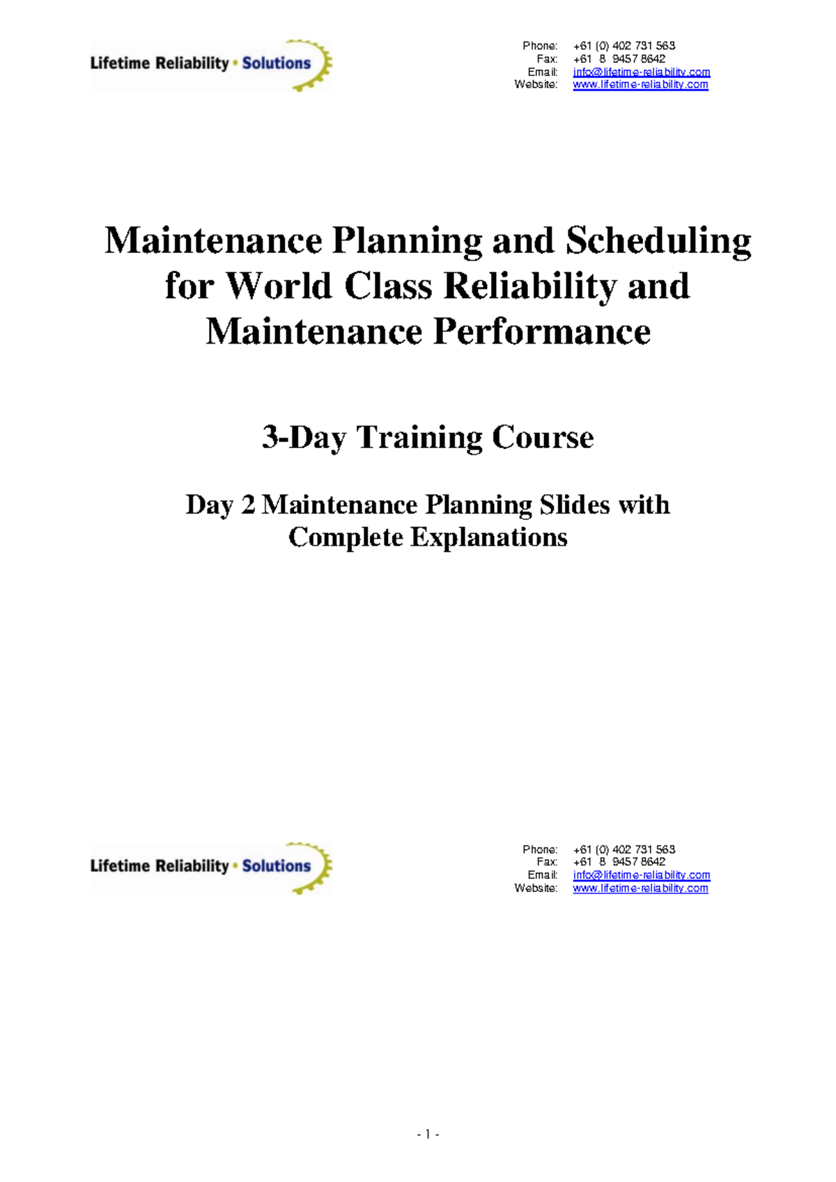 Maintenance Planning and Scheduling for World Class Reliability - Day 2 ...