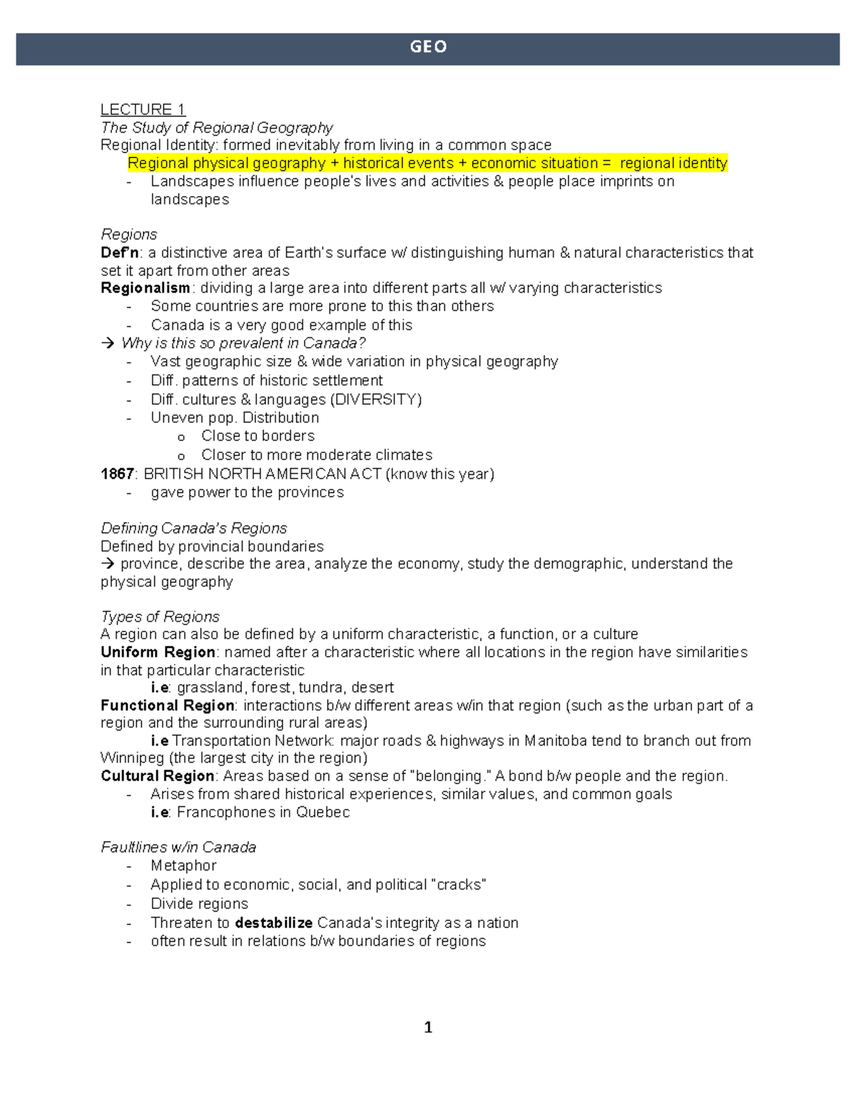 Geo 2010 - Midterm Study Notes on Regional Geography and Canada - Studocu