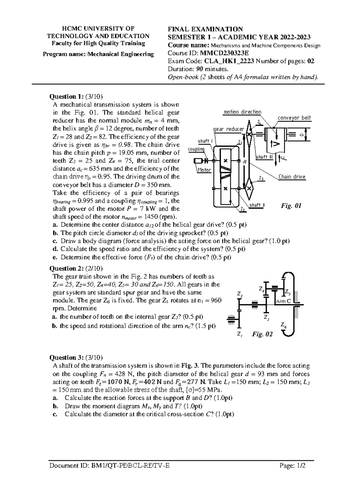 MMCD230323E Mechanical Engineering Final Exam: Mechanisms & Machine ...