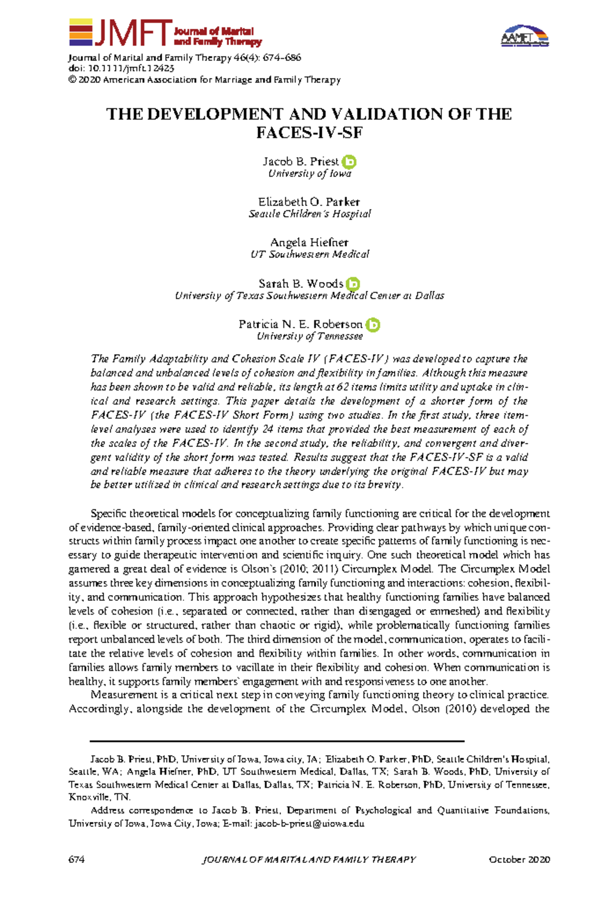 Development and Validation of FACES-IV-SF: A Shortened Measure for ...