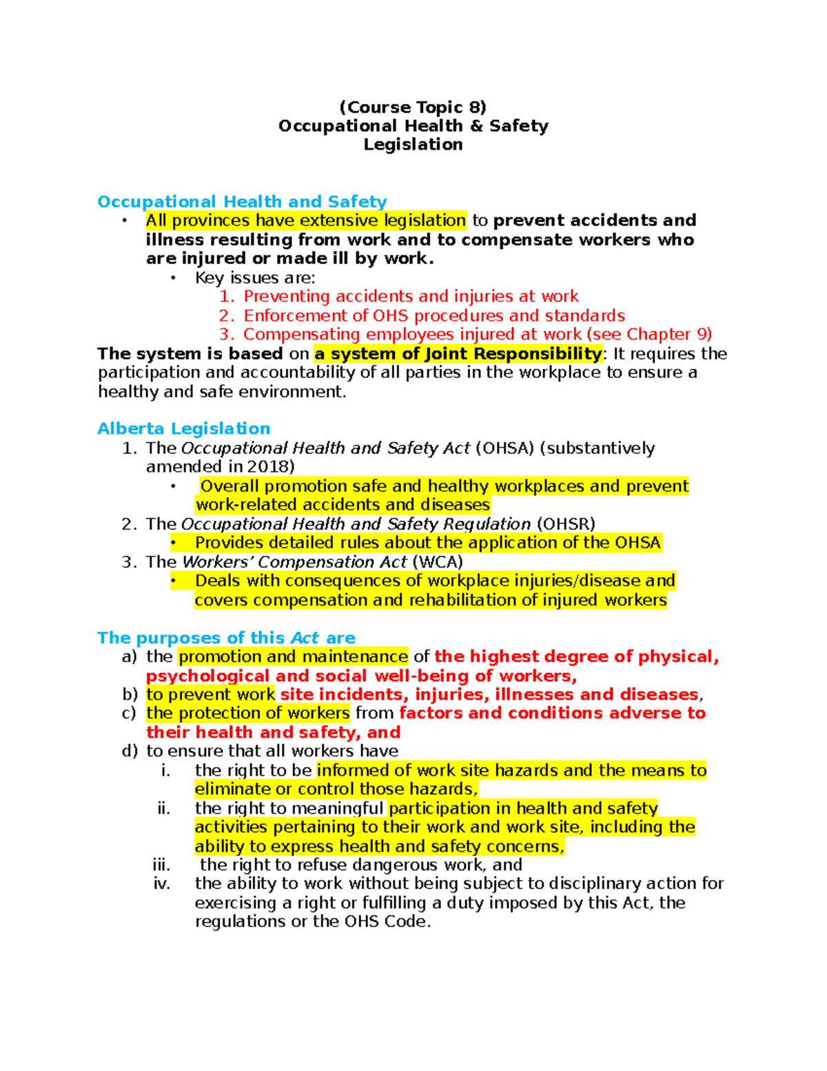 Topic 8 - notes - (Course Topic 8) Occupational Health & Safety ...