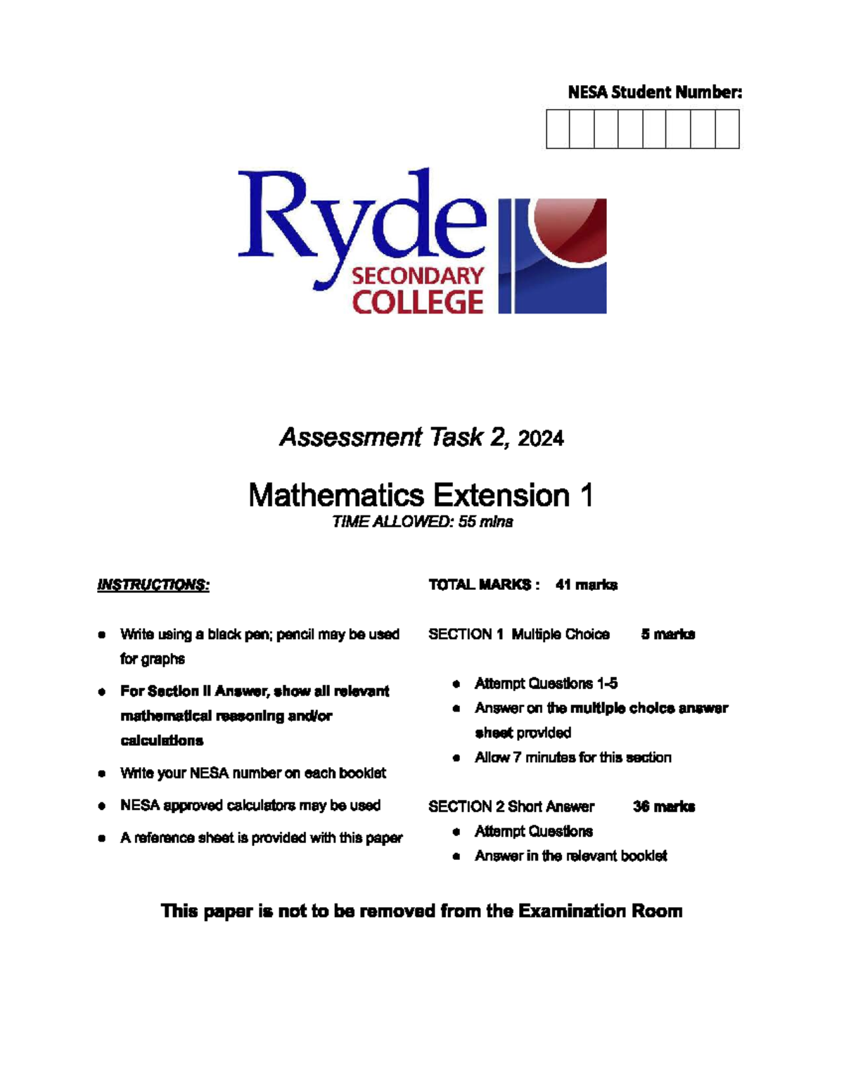 RSC 2024 Mathematics Extension 1 Assessment Task 2 Exam Paper - Studocu