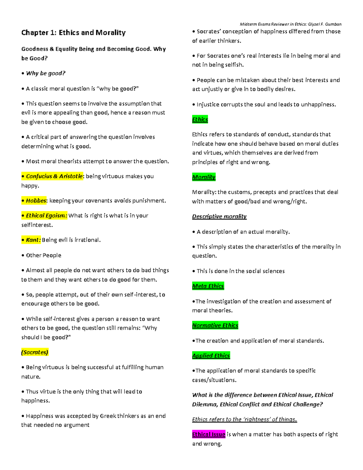 ETHC 101 - Lecture Notes on Ethics: Chapters 1-3 Overview - Studocu