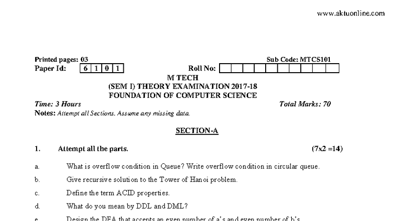 MTCS101 Foundation of Computer Science 2017-2018 Exam Paper - Studocu
