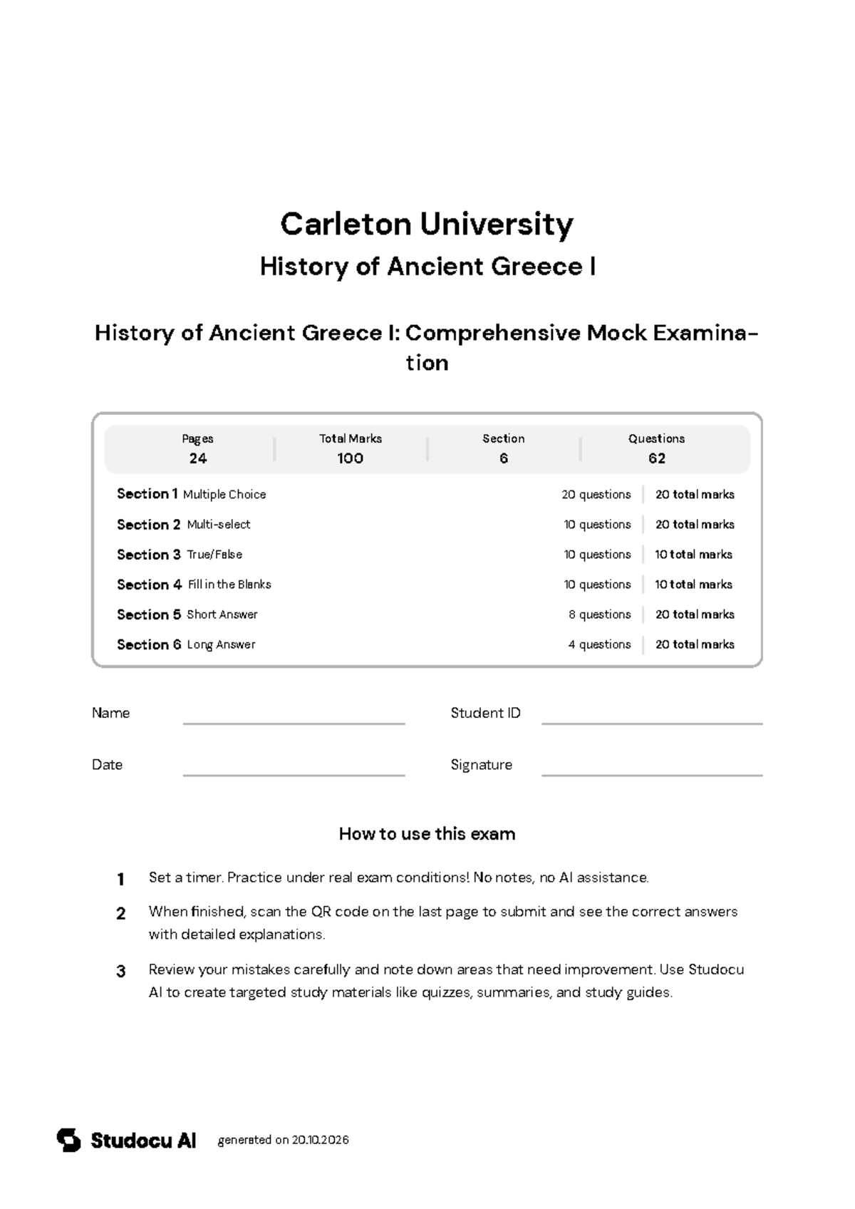 History of Ancient Greece I: Comprehensive Mock Exam - Studocu