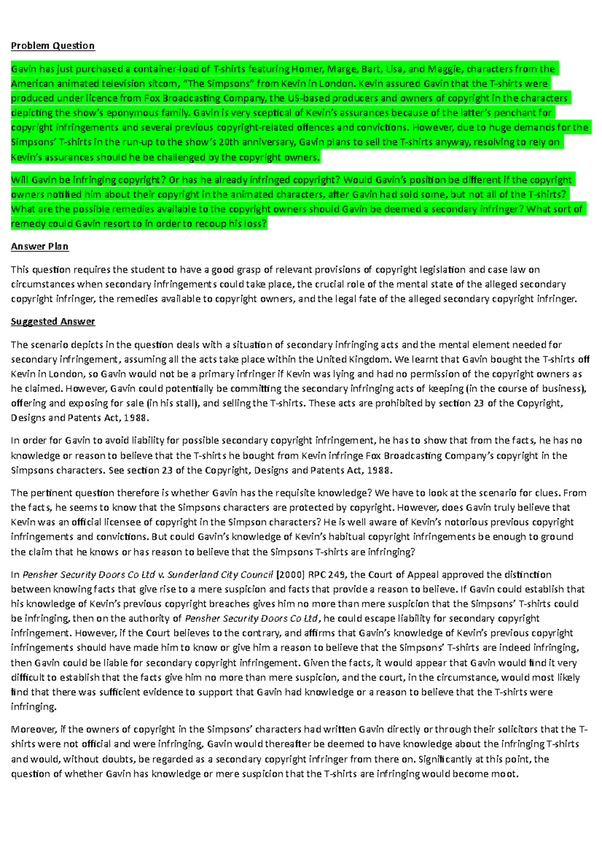 **Copyright Problem Questions and Analysis: Law of Infringement** - Studocu