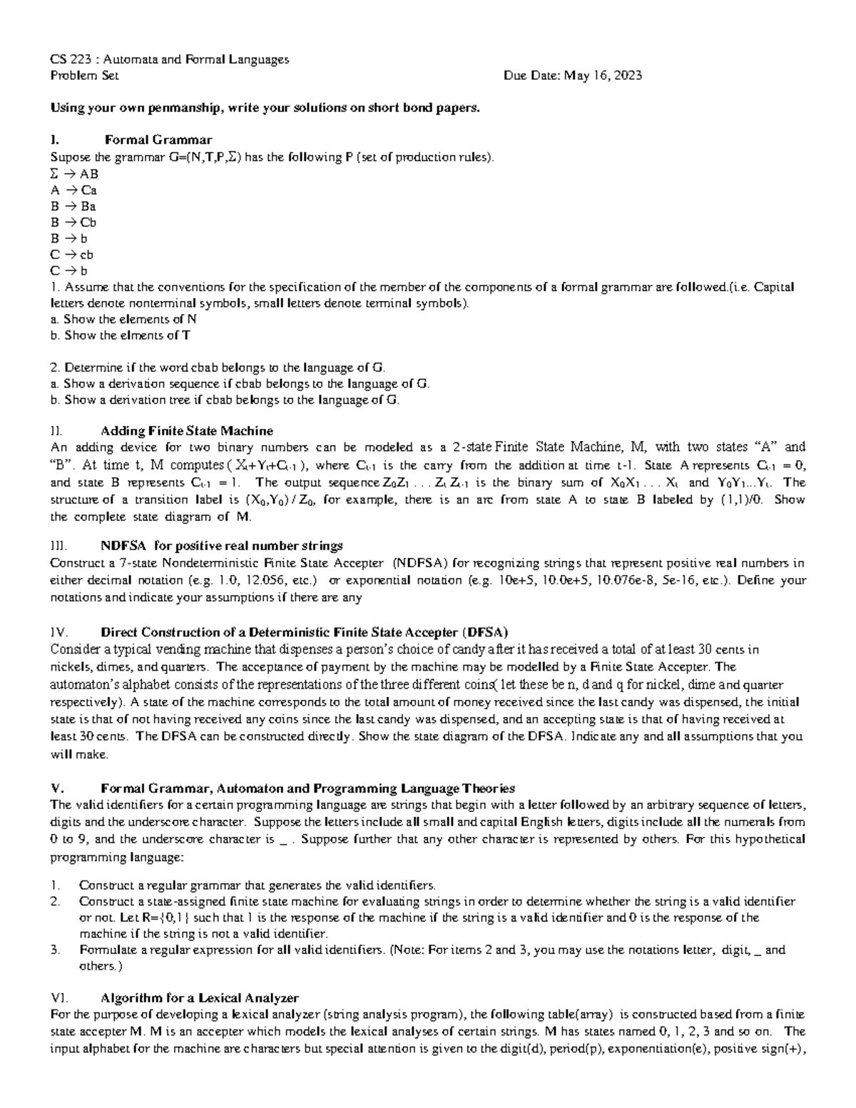 CS 223: Automata and Formal Languages Problem Set Solutions - Studocu