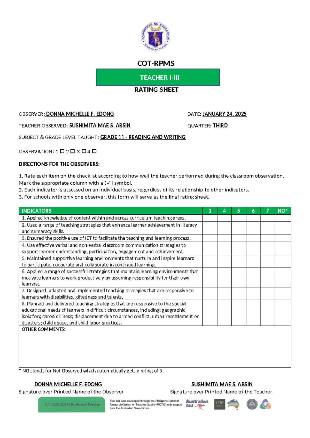 COT-RPMS Rating Sheet for Proficient Teacher (Grade 11) 2024-2025 - Studocu