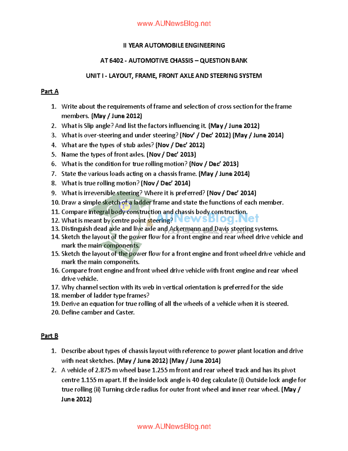 AT6402 Automobile Engineering Question Bank: Chassis, Drive Line ...