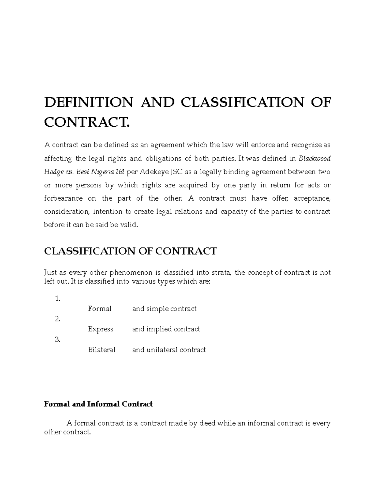 LAW 101: Definition and Classification of Contracts Explained - Studocu