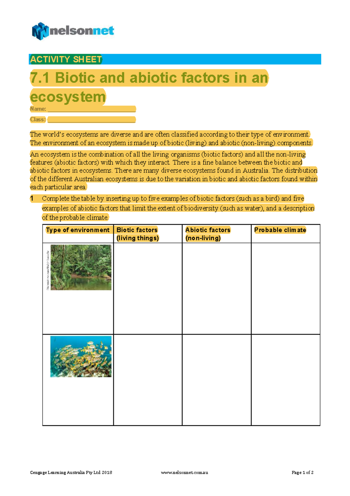 7.1 Biotic and Abiotic factors in an ecosystem - Cengage Learning ...