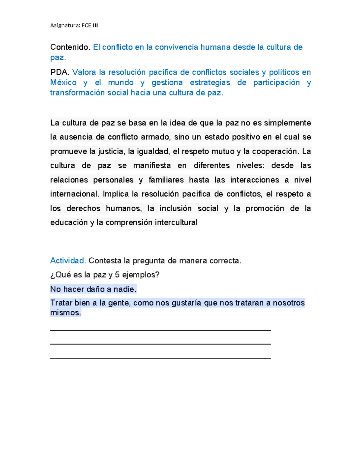 FCE III: Actividad sobre Conflicto y Cultura de Paz en la Convivencia ...