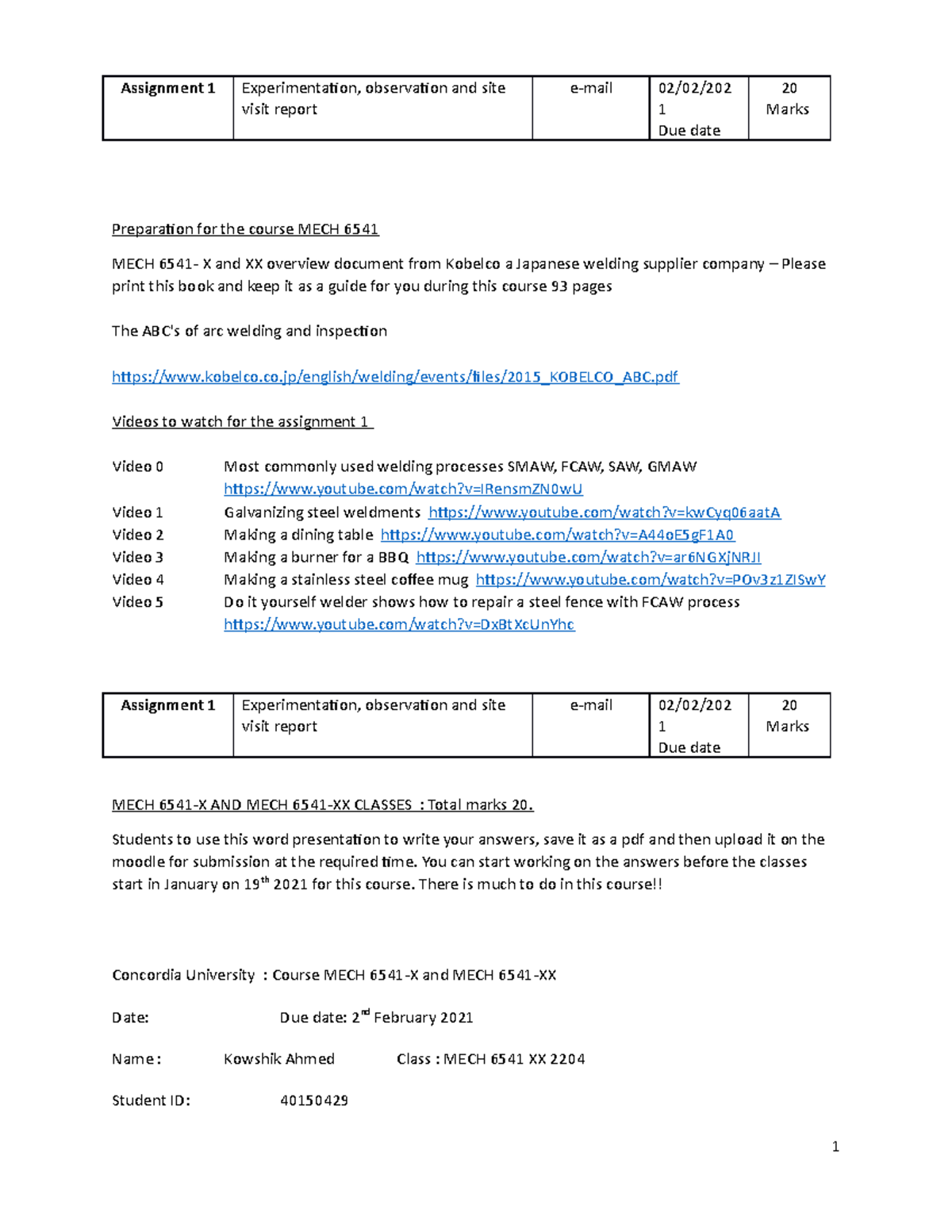 Assignment 1 - N/A - visit report 1 Due date Marks Preparaion for the ...