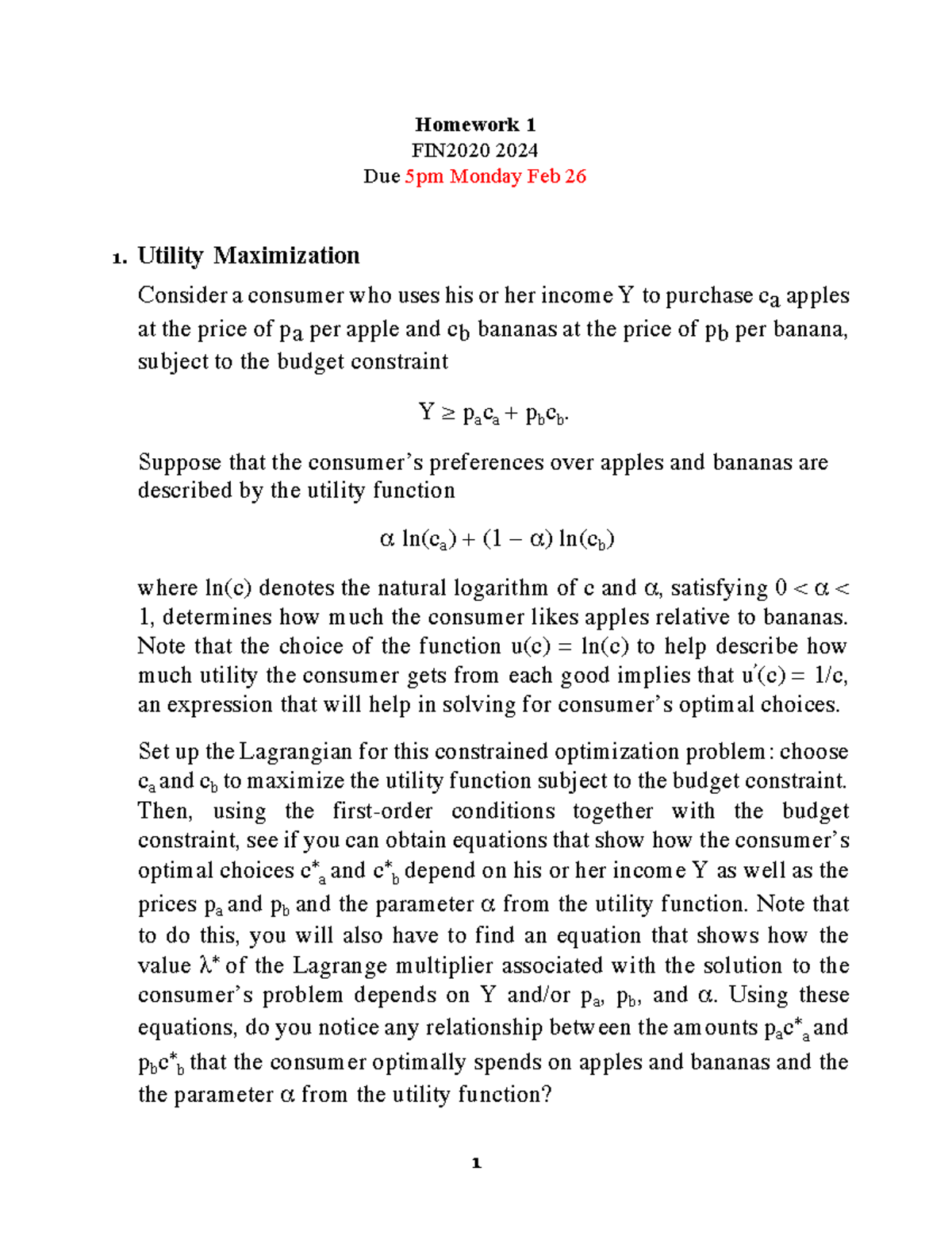 HW1: Utility Maximization and Lagrangian Method in FIN2020 - Studocu