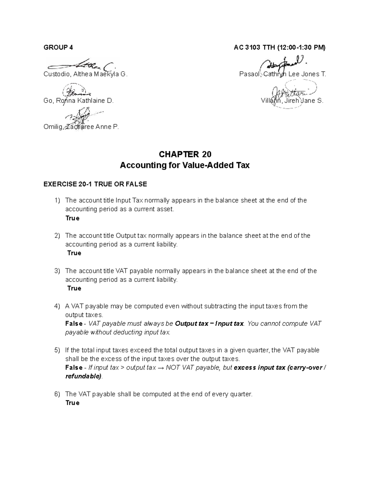 GROUP AC 3103 TTH PM) Chapter 20 Exercises on Accounting for Tax - Studocu