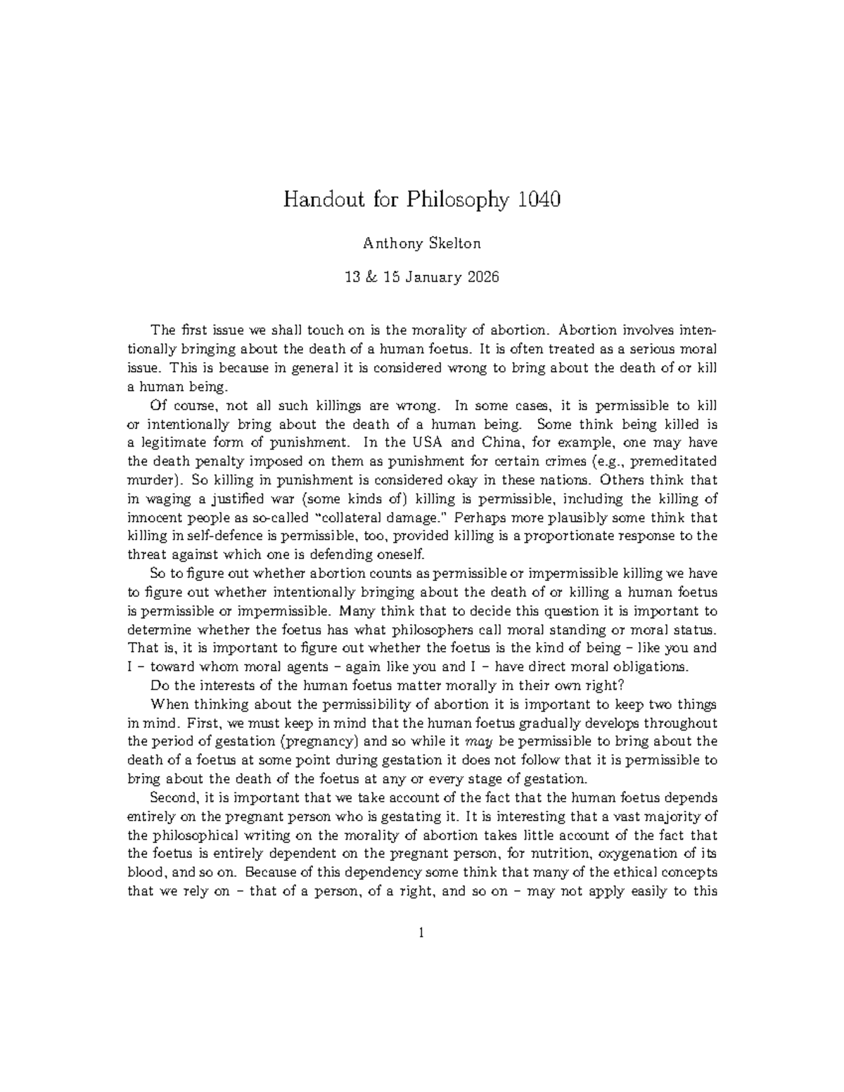 Philosophy 1040 Handout: Morality of Abortion - Week 2, Jan 13 & 15 ...