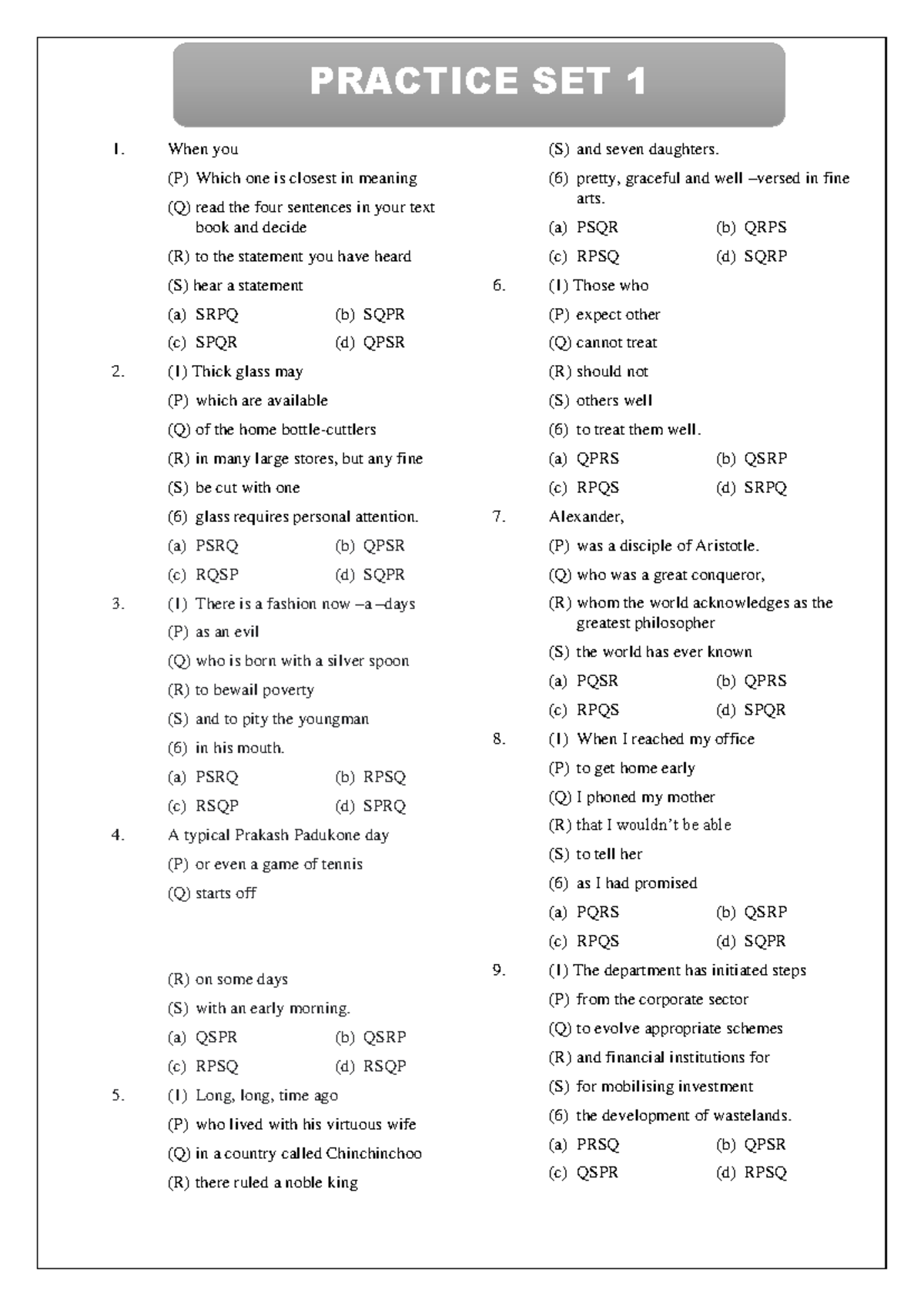 PRACTICE SET 1: Sentence Rearrangement Answer Key - Studocu