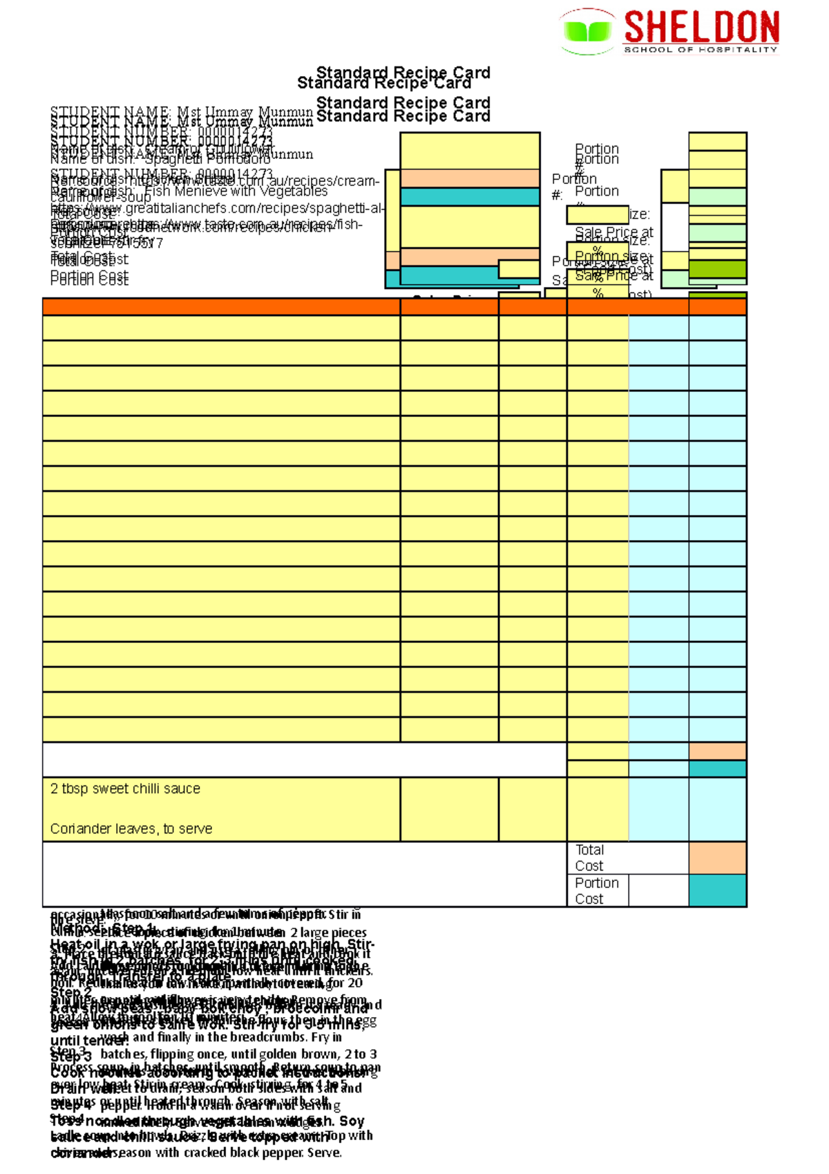 Recipe Card Sheldon - cookery course - Standard Recipe Card STUDENT ...