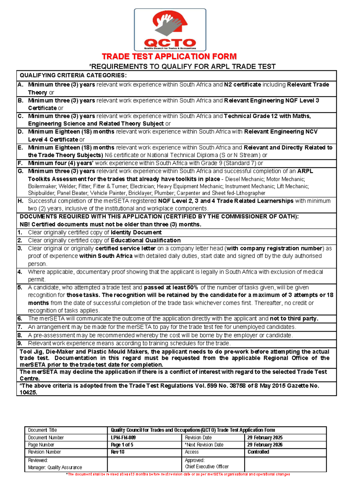 LPM FM 009 ARPL Trade Test Application Form and Criteria Guide - Studocu