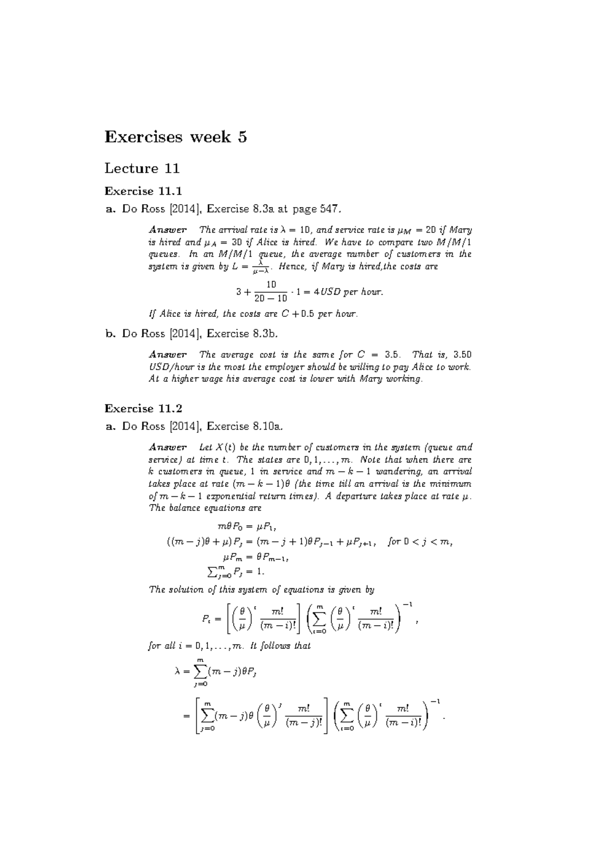Answers to Ross Exercises - Lecture 11 and 12 Solutions - Studeersnel