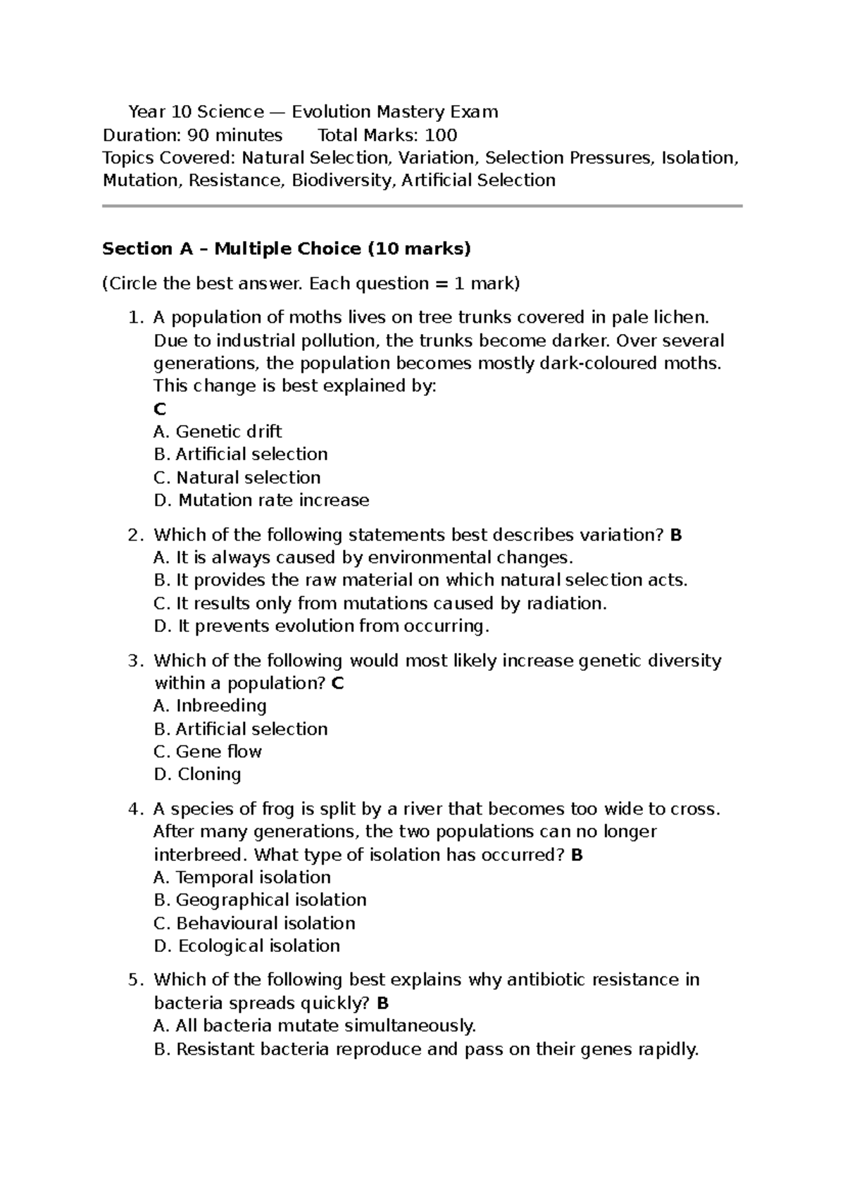 Year 10 Science Evolution Mastery Exam Notes: Natural Selection ...