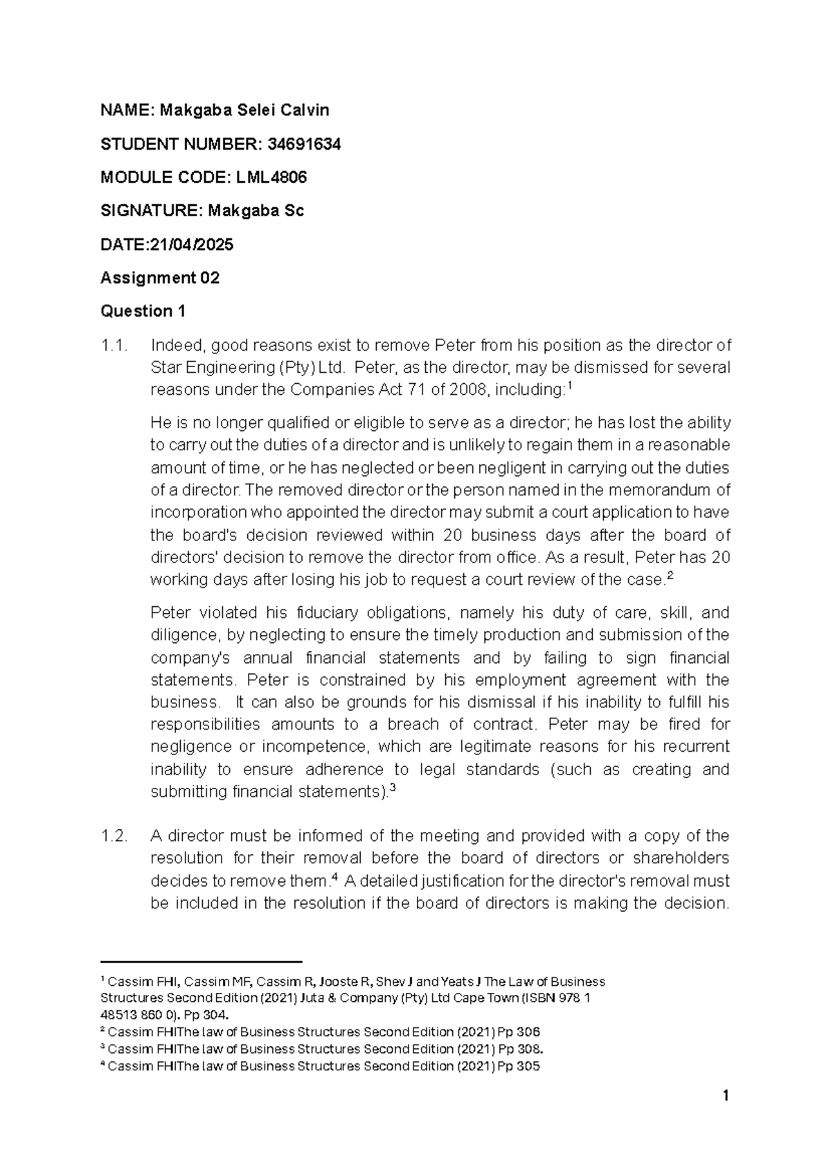 Assignment 02: Company Law Analysis - LML4806 - Studocu