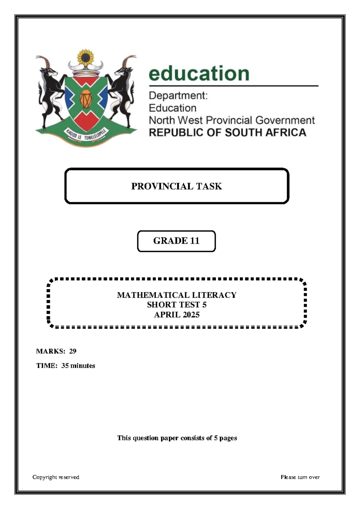 Mathematical Literacy P2 Gr 12 Exemplar Paper 2025 (Confidential) - Studocu