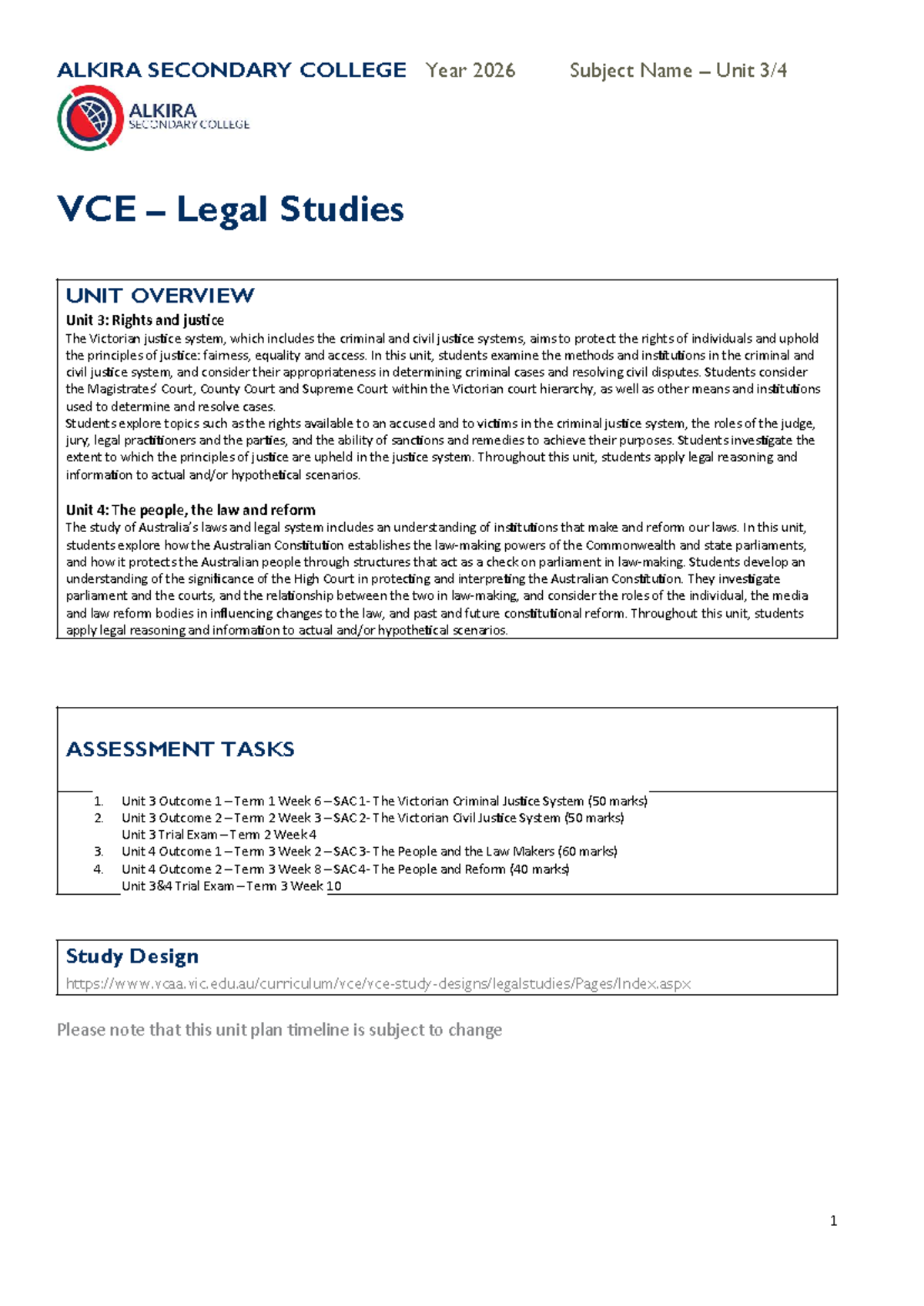 2026 VCE Legal Studies Unit 3 & 4 Overview and Assessment Plan - Studocu