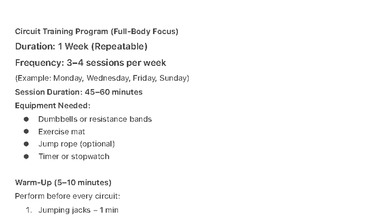 Circuit Training Program (Full-Body Focus) - 1 Week Plan - Studocu