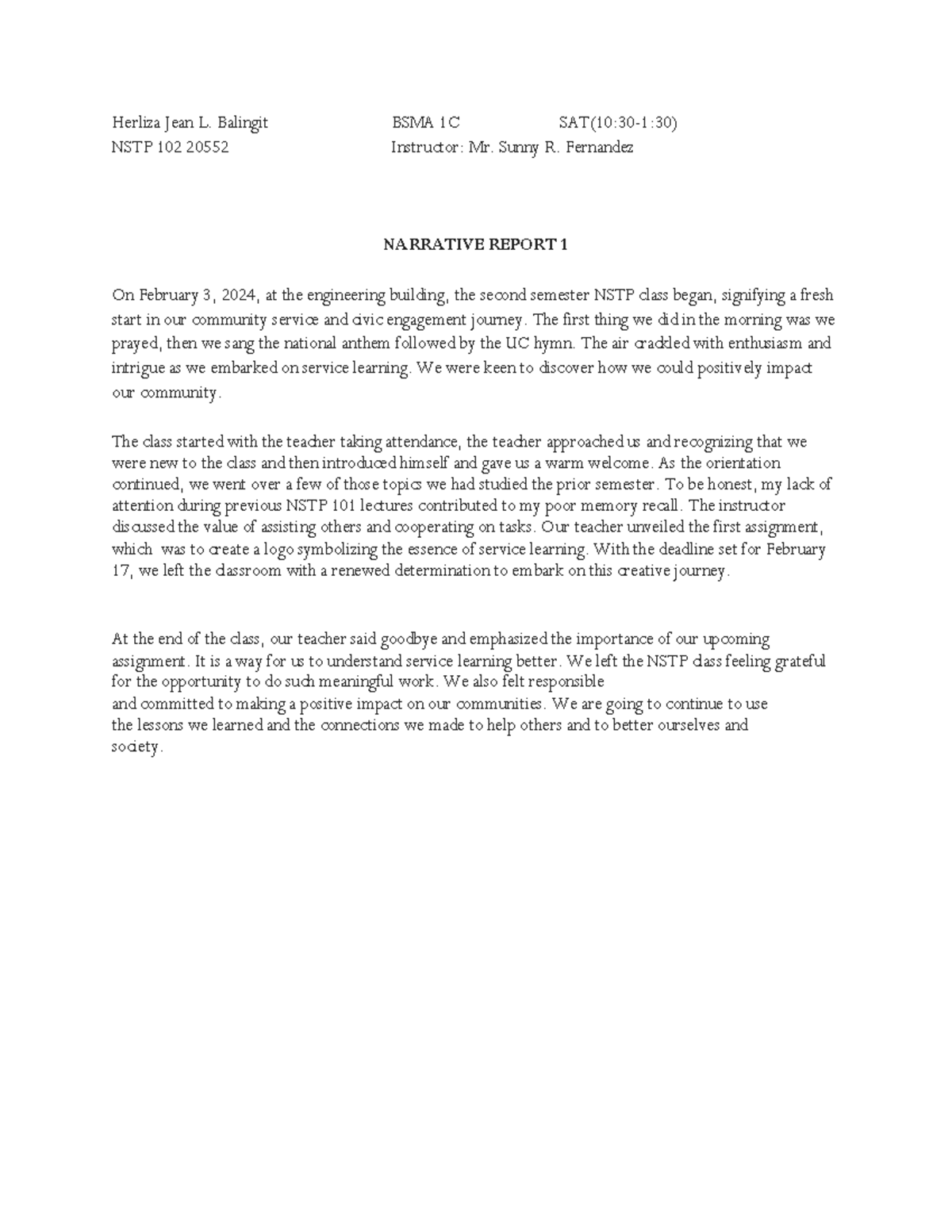Narrative-report-1 - Hope you enjoy - Herliza Jean L. Balingit BSMA 1C ...