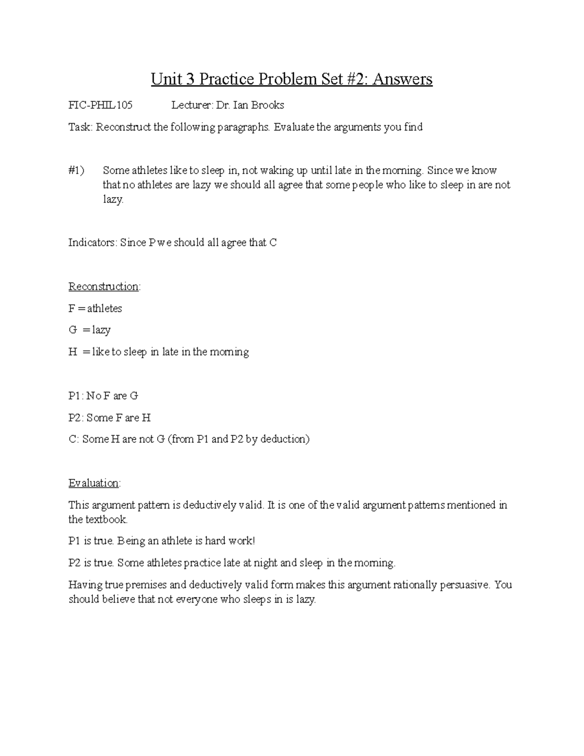 PHIL105 - reesggs - Unit 3 Practice Problem Set #2: Answers FIC-PHIL105 ...