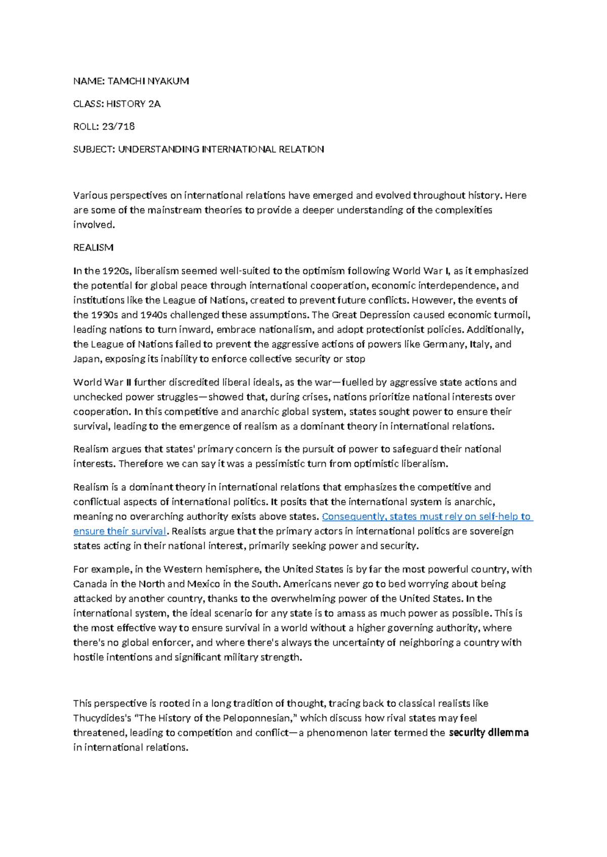 Realism in International Relations: A Comprehensive Overview (HIST 2A ...