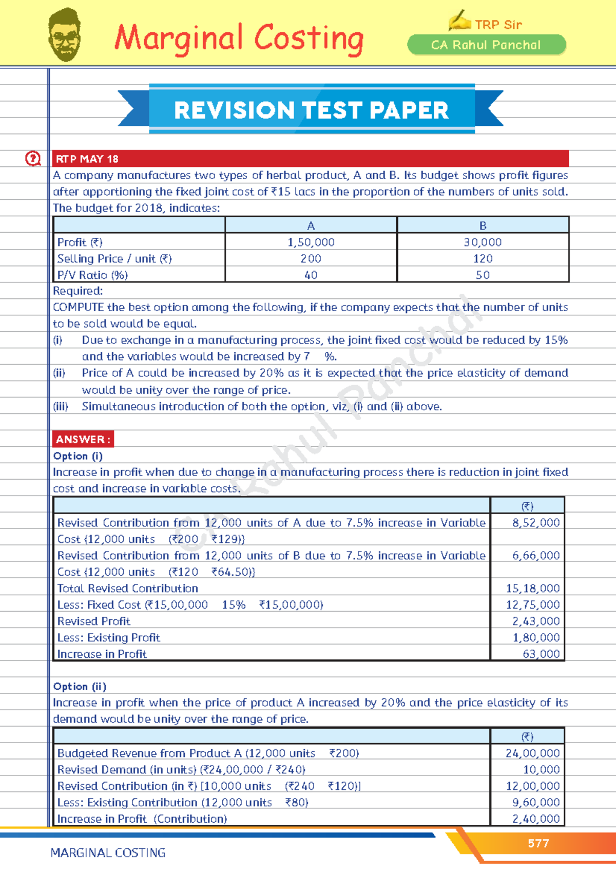 MARGINAL COSTING TRP Sir CA Rahul Panchal REVISION TEST PAPER RTP MAY ...